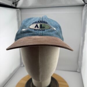 Luna Pier Orange Beach AL Denim Baseball Hat Brown Faux Suede Brim Adjustable